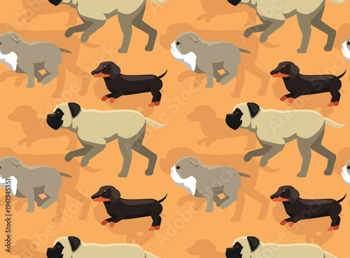Dog Side Mastiff Bulldog Dachshund Running Character Seamless Background Wallpaper Pattern