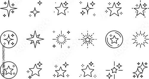 Star and sparkle icon set, decorative twinkling symbols with brightness and magic motifs - black and white vector illustration