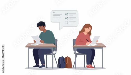 Two focused students diligently taking an important academic examination, demonstrating concentration and dedication during their school assessment session