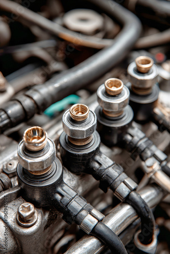 Close-up of a car engine shows metal clamps securing various washers and rubber connectors. Water pipes connect to an electrical device in a blurred setting