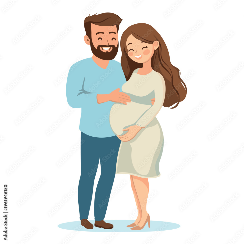 Obraz premium happy couple character husband hugs his pregnant wife isolated vector illustration