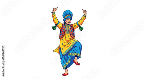 A Baishaki dancer wearing traditional Indian attire performs a dynamic dance move with arms raised in a colorful outfit against a clean white background.