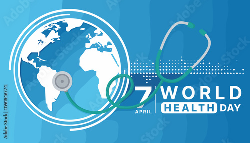 World Health Day April 7th concept vector illustration featuring a globe with a stethoscope and a pulse line, symbolizing global healthcare, medical care, and public well-being.