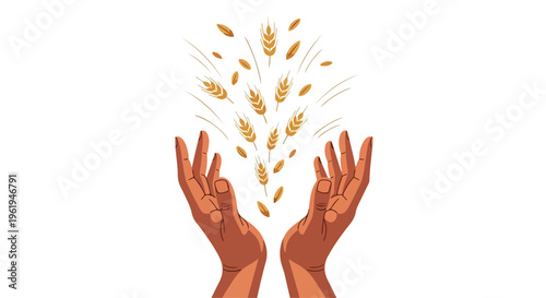 A pair of hands releasing golden wheat grains upwards on a clean white background with a minimalist flat lay composition.