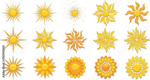 Sun icon illustration set, decorative celestial motifs with radiant rays and abstract shapes representing summer and energy theme - flat vector illustration