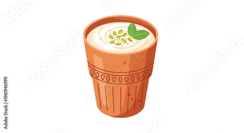 Illustration of a clay cup filled with a creamy beverage, topped with spices and a leaf, on a plain white background with warm tones.