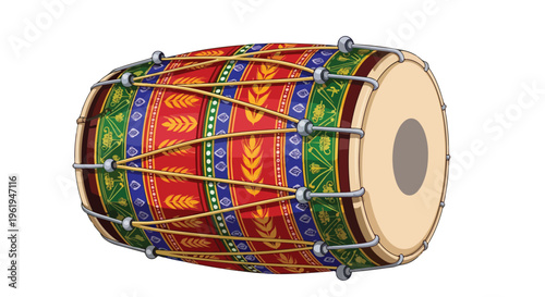 A colorful illustration of a traditional Indian drum, known as a Baishaki dhol, with vibrant red, green, and blue patterns, against a clean white background.