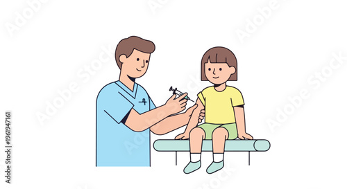 A doctor administers a vaccination to a young girl sitting on an examination table during World Immunization Week