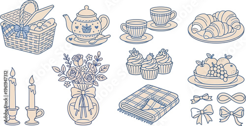 Tea time elements collection including teapot cups herbs citrus honey and spices cozy beverage vector illustration set
