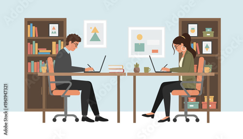Dedicated individuals engaged in productive work on their computers in a well-organized co-working environment, emphasizing concentration and digital tasks
