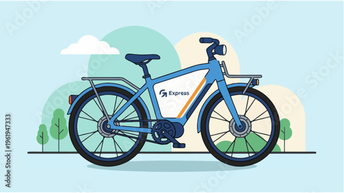 Flat vector illustration of a modern electric bike used for delivery service, featuring a clean design with battery panel and cargo rack. Side view e-bike with minimal background 