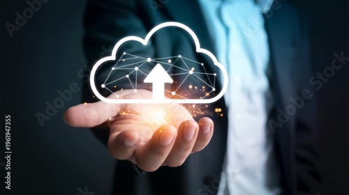 Cloud networking technology floating above human hand 