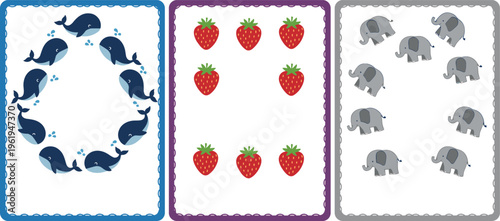 Counting cards for kids with animals and fruits, educational numbers game with whales, strawberries and elephants, preschool learning vector illustration set