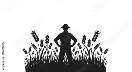 A black silhouette of a farmer standing confidently in a field of wheat and grass on a plain white background.
