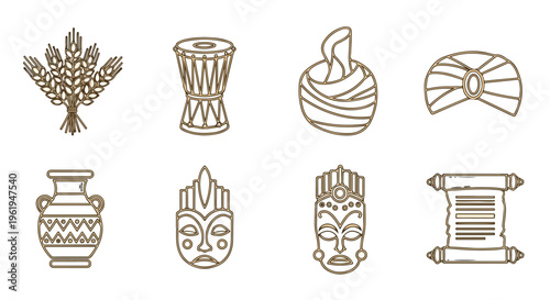 A flat lay of various traditional Pacific Islander symbols and artifacts, including a tiki mask, a vase, and a scroll, arranged in two rows against a clean white background with a