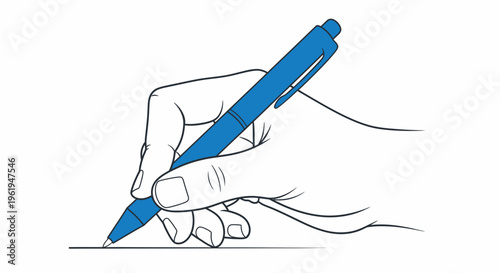A hand holding a blue pen.