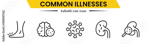 Common Illnesses line icons set. Common Illnesses outline icons with editable stroke collection. These Includes Breast Cancer, Depression, Brain Tumor, Allergy, Diabetes, and More.