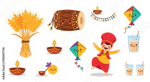 A vibrant illustration of Baishaki festival elements, including a dancing boy in traditional attire, kites, wheat, diyas, and drinks, against a clean white background with a joyful and
