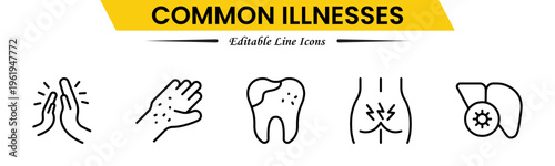 Common Illnesses line icons set. Common Illnesses outline icons with editable stroke collection. These Includes Breast Cancer, Depression, Brain Tumor, Allergy, Diabetes, and More.