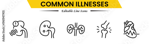 Common Illnesses line icons set. Common Illnesses outline icons with editable stroke collection. These Includes Breast Cancer, Depression, Brain Tumor, Allergy, Diabetes, and More.