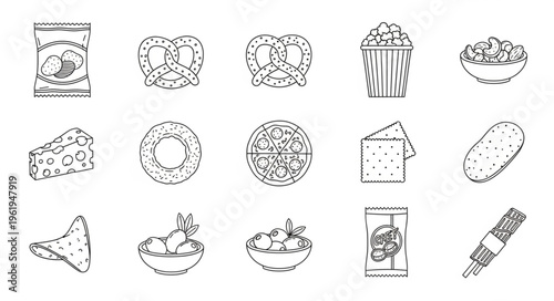 Assorted Snack Food Illustrations - Chips, Pretzels, Popcorn, and More.