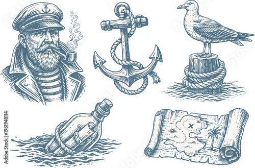 Big Marine Set A Collection of Nautical Illustrations and Icons for Various Uses. Vector hand-drawn sketches
