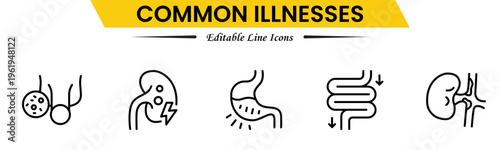 Common Illnesses line icons set. Common Illnesses outline icons with editable stroke collection. These Includes Breast Cancer, Depression, Brain Tumor, Allergy, Diabetes, and More.