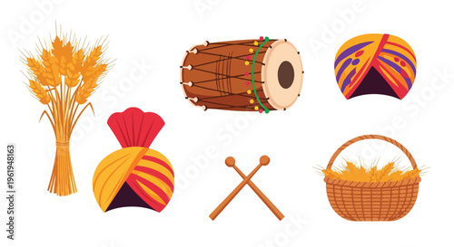 Flat lay illustration of Baishaki festival items including wheat, drum, and traditional decorations on a white background with vibrant colors.