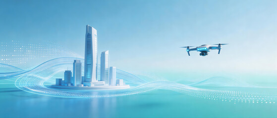 Futuristic city skyline with high-rise buildings and a flying drone in the sky