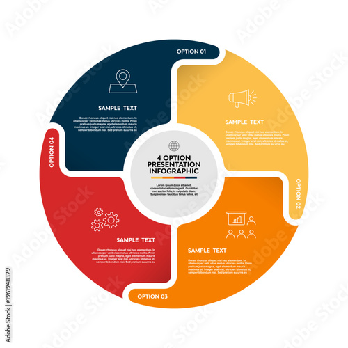 Circle chart infographic template 4 options complete with business icons for presentations. Vector editable Eps