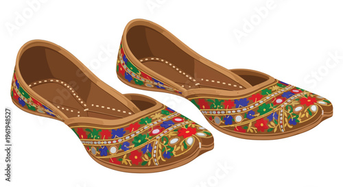 A pair of colorful embroidered Baishaki shoes with intricate designs and patterns on a plain white background.