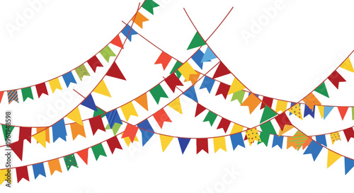Colorful triangular flags hanging in rows against a white background, creating a festive atmosphere with Baishaki decorations.