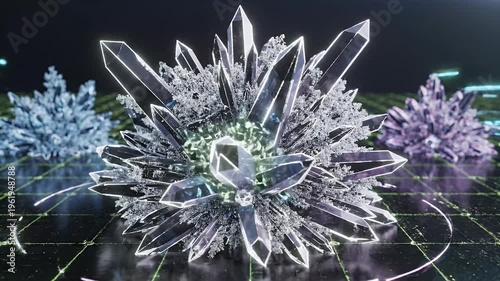 Spectacular Crystal Flowers Shine On Neon Grid Floor.