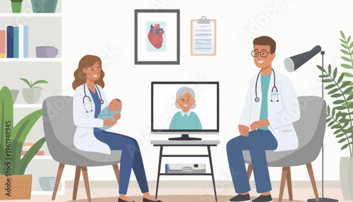 Doctor Consultation with a Newborn and Remote Patient on Screen, Featuring Medical Professionals and a Family Healthcare Setting