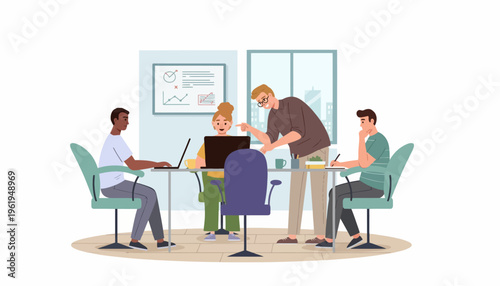 Team collaboration in a modern office setting, with colleagues discussing projects and working together on laptops and charts