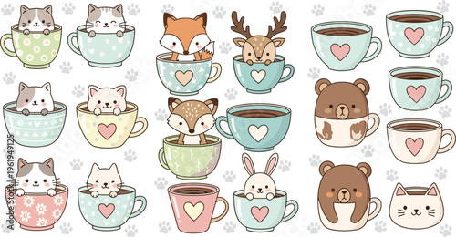 Cute animals in cups collection with cats, bears, foxes and rabbits, adorable cartoon characters set for kids illustration, stickers, nursery decor and cozy design