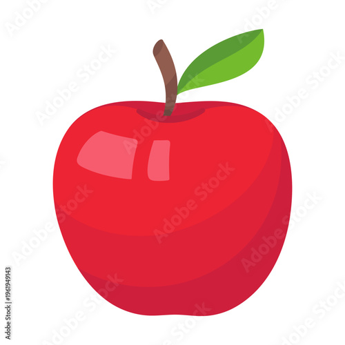 Cartoon illustration of a vibrant red apple with a brown stem and green leaf isolated