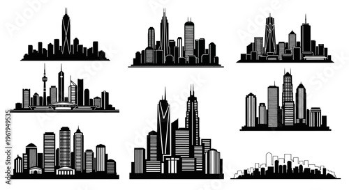 Diverse City Skyline Silhouettes Collection: Modern Architecture and Urban Landscapes