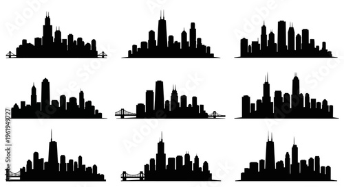 Diverse City Skylines Silhouettes Collection: Modern Urban Architecture and Cityscapes