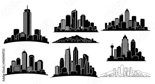 Diverse City Skylines Silhouettes Collection: Modern Urban Landscapes