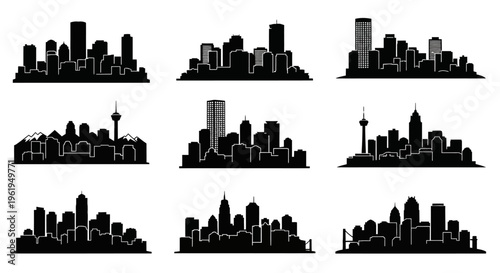 Diverse City Skylines Silhouettes Collection: Urban Landscapes and Architecture