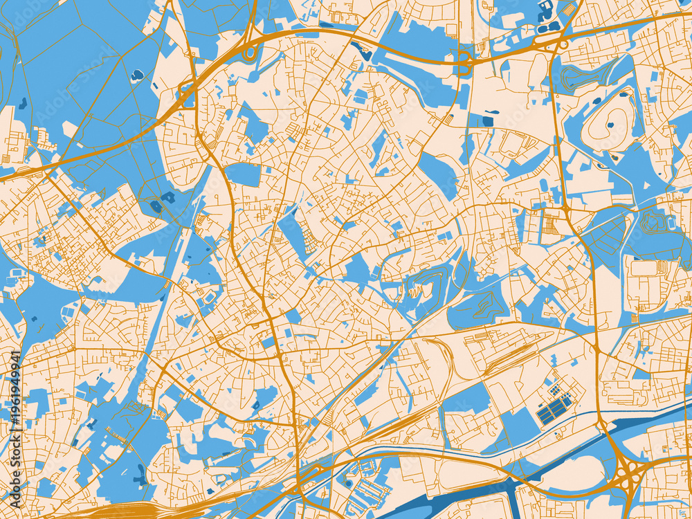 Fototapeta premium Street map of Bottrop, Germany in golden linework with blue water