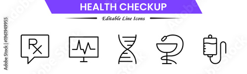Health checkup icons depicting medical exams, diagnostics, stethoscope, heartbeat, clinic, doctor consultation, tests, reports, wellness, prevention, monitoring, screening, healthcare, and appointment