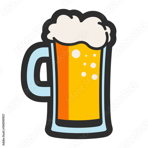A colorful illustration of a beer mug with foam on top