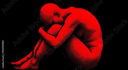 A red-tinted image of a person sitting in a fetal position.