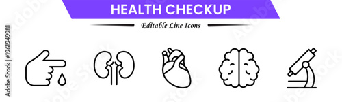 Health checkup icons depicting medical exams, diagnostics, stethoscope, heartbeat, clinic, doctor consultation, tests, reports, wellness, prevention, monitoring, screening, healthcare, and appointment