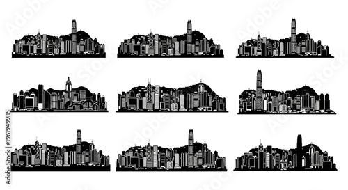 Hong Kong Skyline Collection: Diverse Cityscape Silhouettes for Travel and Business