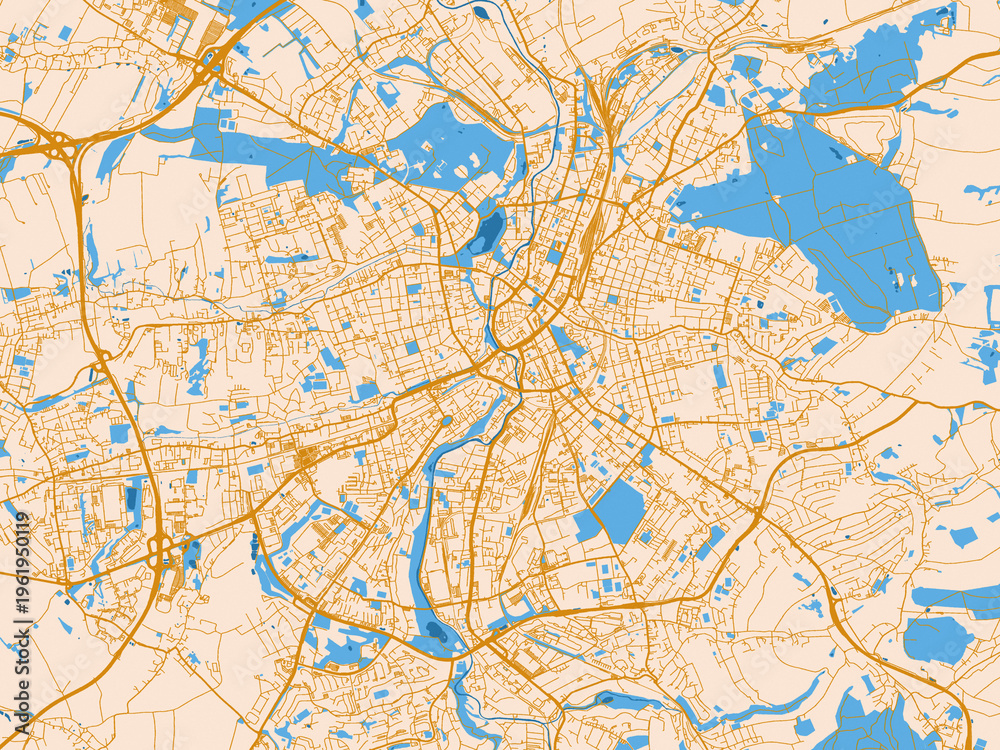 Fototapeta premium Cartographic city illustration of Chemnitz, Germany — light cream city field with mustard-gold linework and vivid blue lakes, rivers and waterways