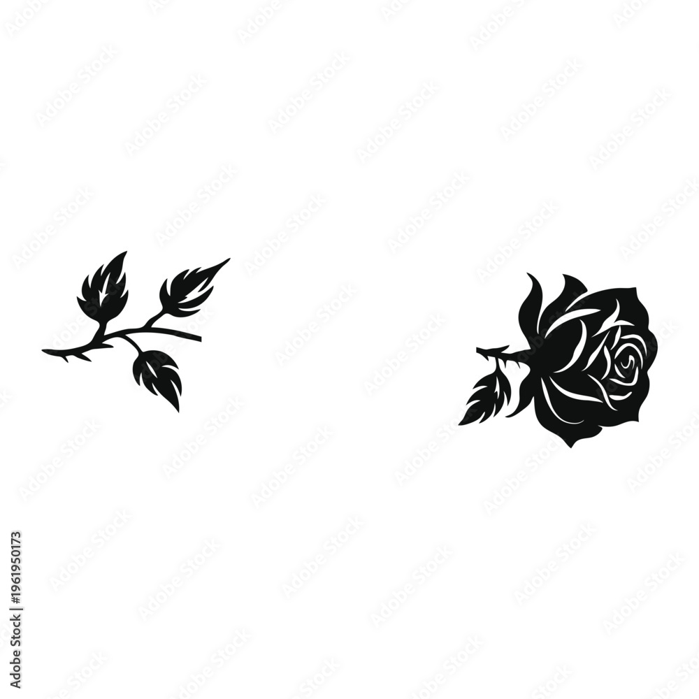 Fototapeta premium A minimalist black rose and leaf vector graphic illustration on a white background