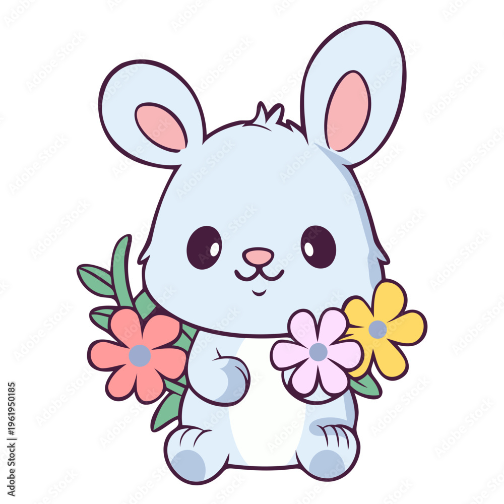 Fototapeta premium A cute cartoon bunny holding colorful flowers in a playful and cheerful illustration